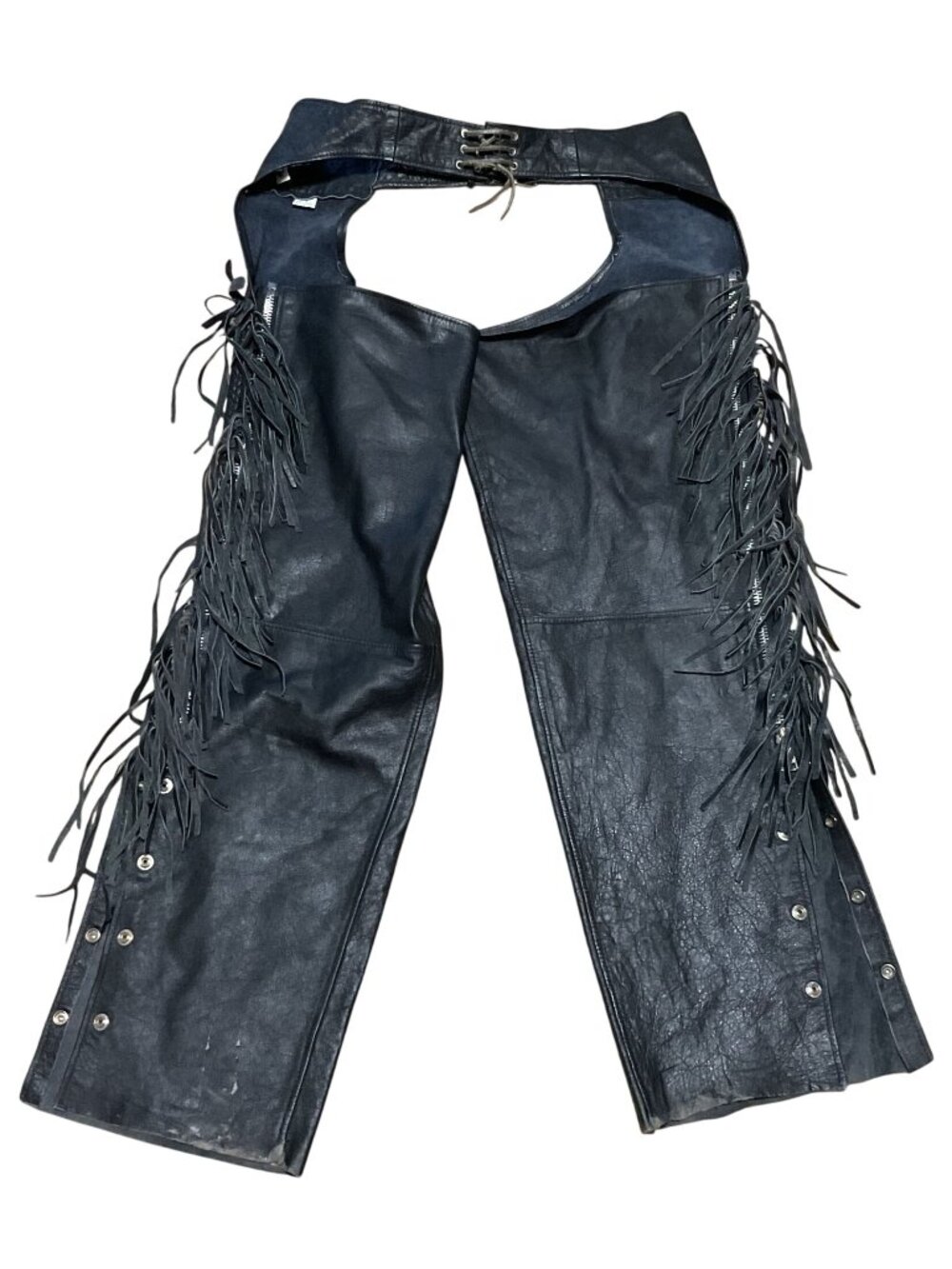 Black Fringe Leather Motorcycle Chaps Sz 3XL Adjustable Waist Unisex Distressed